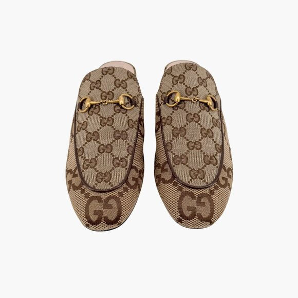 Gucci Beige GG Jumbo Princetown Mules Size 41 US 11 Women Horsebit Canvas Flats - Picture 2 of 13